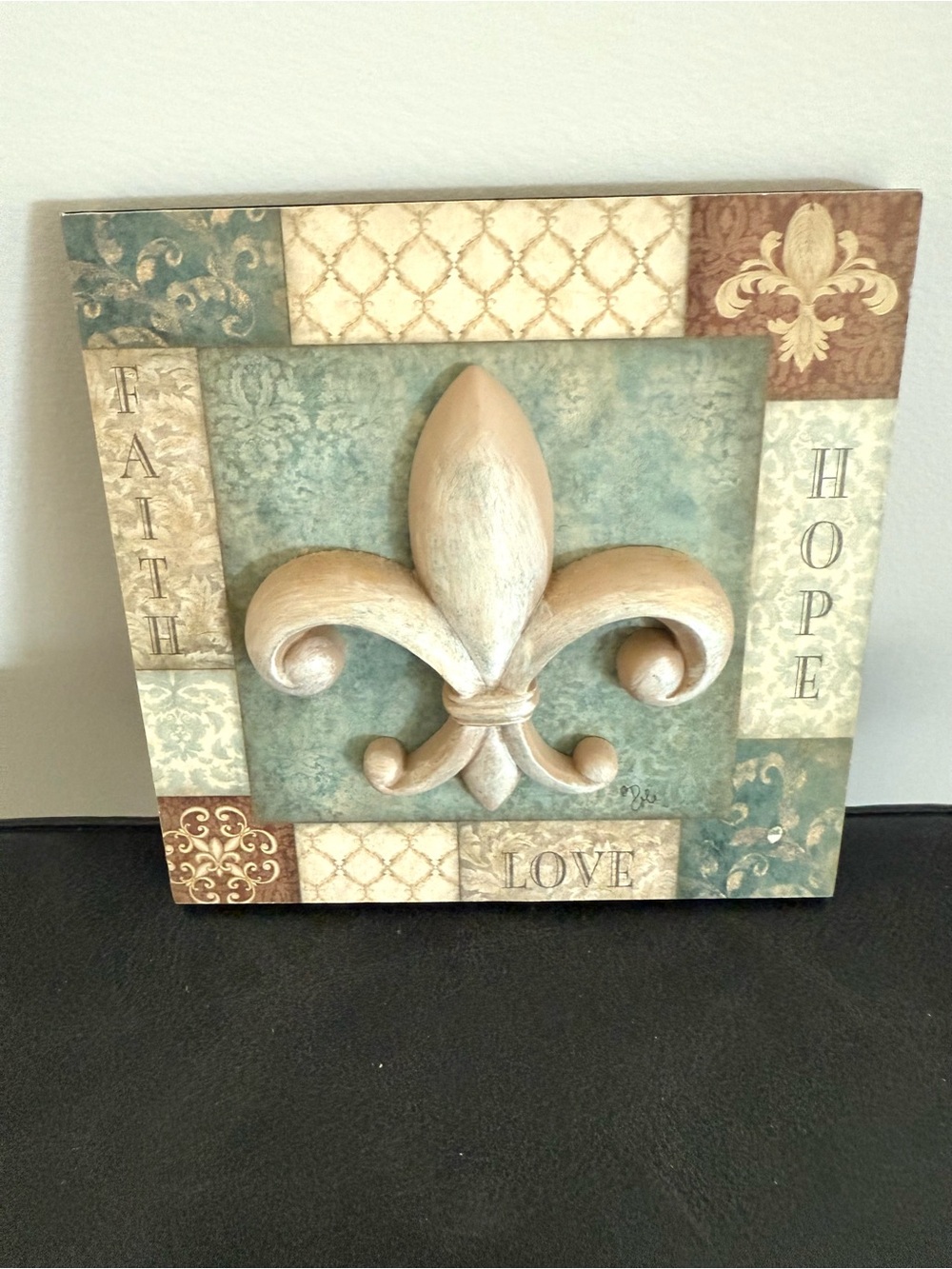 Faith Hope Love Fleur-de-Lis Wall Art - Beige and Teal